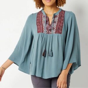 Frye and Co Boho Peasant Blouse Embroidered Tassel Top 3X Western Coastal